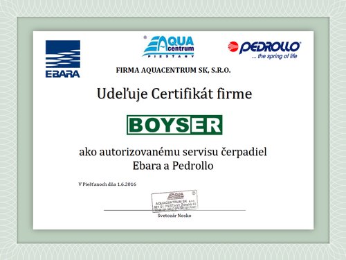Certifikát servis Ebara Pedrollo Boyser Certifikát servis Ebara Pedrollo Boyser