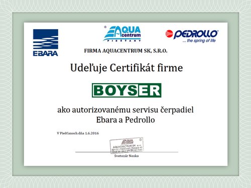Certifikt servis Ebara Pedrollo Boyser